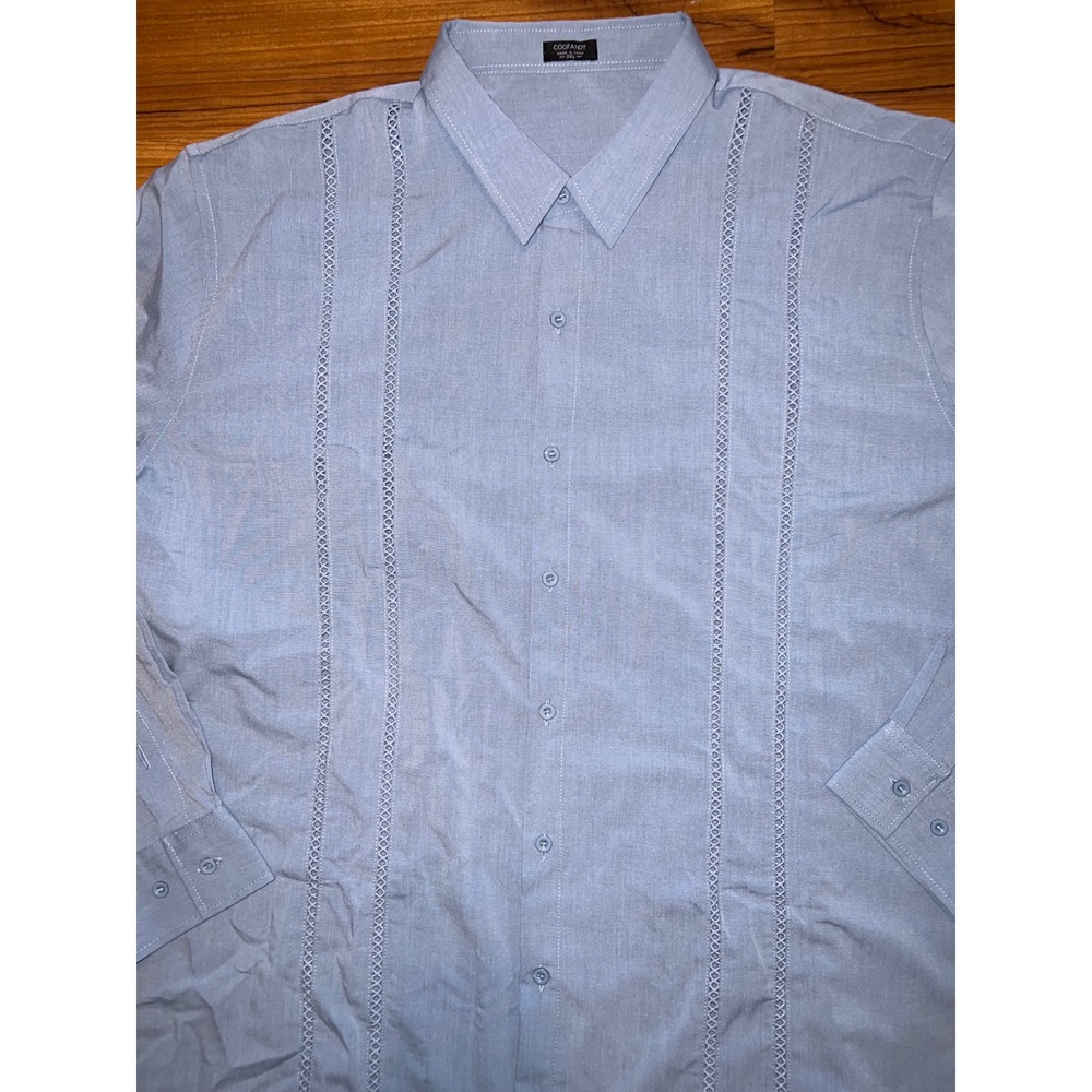 COOFANDY Mens 3XL Light Blue Guayabera Style Long Sleeve Lace Panel Button Shirt - Picture 3 of 10